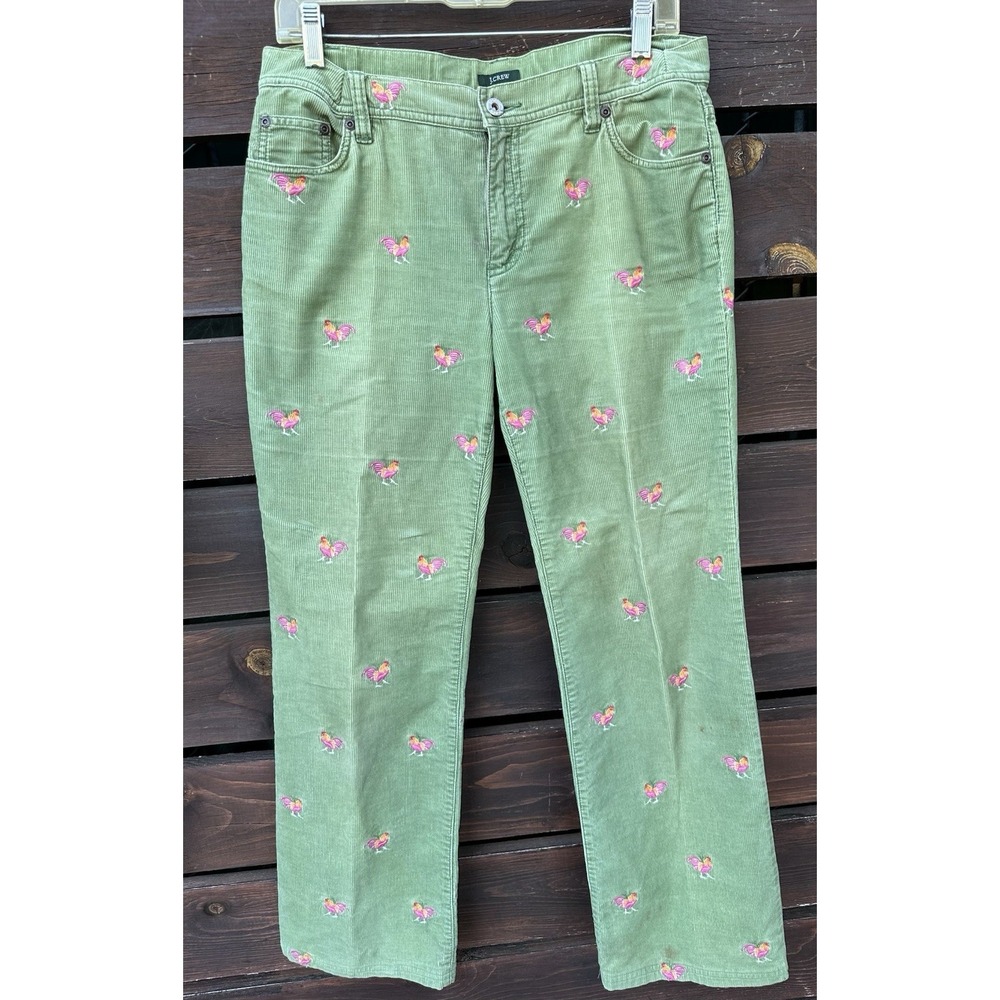 J.Crew Vintage Corduroy Embroidered Rooster/Chicken Pants, Olive Green & Pink 8